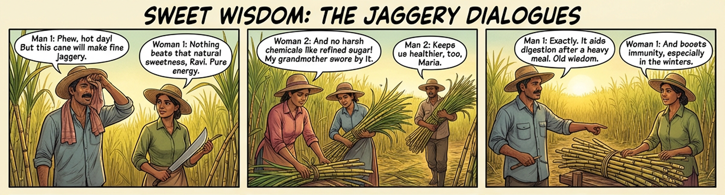 Comic strip titled 'Sweet Wisdom: The Jaggery Dialogues' with characters in a field discussing jaggery production.